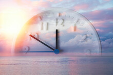Beautiful Lilac Sky, Ocean And Close Up Of Clock. Double Exposure. Copy Space. Concept Of Daylight Savings Time