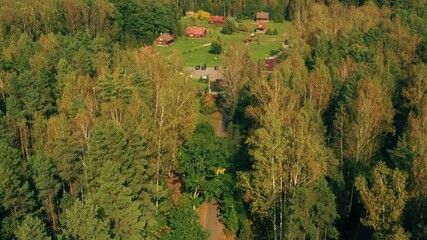 Poster - Bird's-eye View Of Nivki Tourist Complex In Autumn Sunny Day. Panorama, Panoramic View. Belarus, Berezinsky Biosphere Reserve