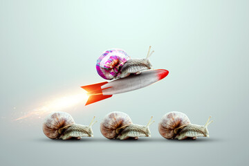 uniqueness, a multi-colored snail takes off on a rocket against the background of snails. competitiv