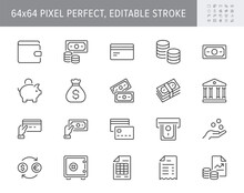 Money Line Icons. Vector Illustration Include Icon - Currency Exchange, Payment, Withdraw, Wallet, Credit Card, Invoice, Receipt Outline Pictogram For Banking. 64x64 Pixel Perfect, Editable Stroke