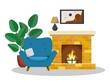 Modern interior with an armchair and a fireplace, a plant and a painting. Vector illustration