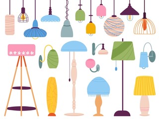 Sticker - Home light elements. Lantern and lamps, interior lamp design. Contemporary sketch chandelier, modern art pendants. Furniture decent vector set