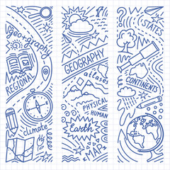 Wall Mural - Geography educational pen doodles on grid background. School subject or science concept.
