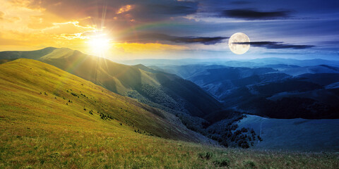 day and night time change concept above mountain landscape in summer. grassy meadows on the hills ro