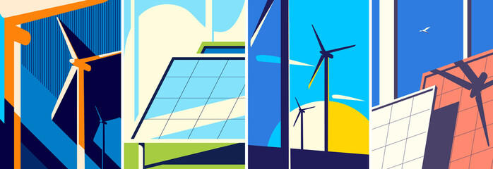 Wall Mural - set of posters with alternative energy sources. placard designs in flat style.