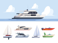 Cruise Yacht. Sea Travel Luxury Ship For Exploring Ocean Boat Side Garish Vector Illustrations In Flat Style