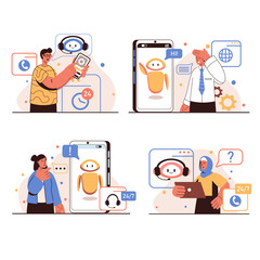 Virtual assistant people concept isolated scenes set. Men and women contact support and resolve their issues by communicating with chatbot in mobile application. Vector illustration in flat design