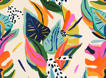 Modern Exotic Floral Jungle Pattern. Collage Contemporary Seamless Pattern. Hand Drawn Cartoon Style Pattern.