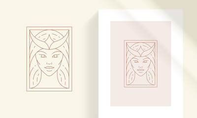 Wall Mural - Magic female portrait line art style vector illustration.