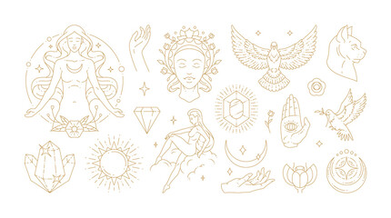Magic woman boho vector illustrations of graceful feminine women and esoteric symbols set