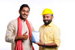 © Niks Ads - Young indian engineer or Construction Worker Showing Smartphone Screen with farmer on white background.