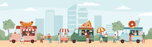Street Food Festival In The City Park, Flat Vector Illustration.