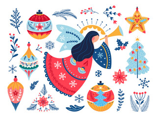 christmas angel decor balls tree vector set