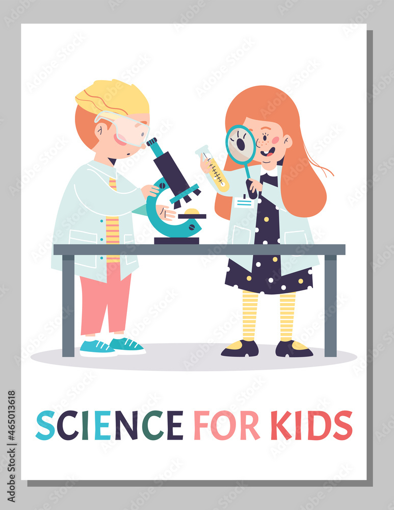 Science for kids banner or poster template flat cartoon vector illustration.