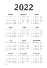 Vector Calendar 2022 Year. Week Starts From Sunday