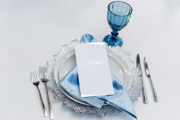 A plate on a table with a knife, a fork and flowers.  Elegant table setup in blue pastels..