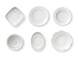 Realistic plates top view. Serving ceramic dinner dishes. Empty round or oval saucers. Isolated bowls and skeet mockup. White clean porcelain crockery templates. Vector tableware set