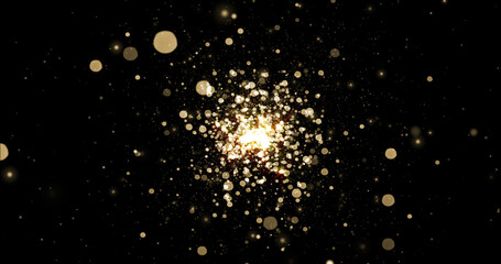 Aufkleber - Gold particles sparkles and golden dust glowing explosion with glitter light sparks. Bright magic effect of confetti, shine for Christmas background with luxury bokeh glow and shimmer