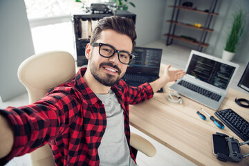 Sticker - Self-portrait of attractive cheerful smart clever guy demonstrating web code design html language dev indoor at work place station