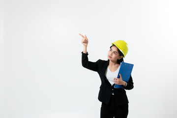 Wall Mural - Asian women engineering inspecting and working and holding blueprints on white background