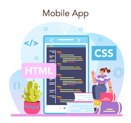Website development online service or platform. HTML coding process.