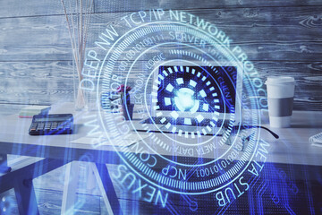  Multi exposure of data theme drawing and office interior background. Concept of technology.