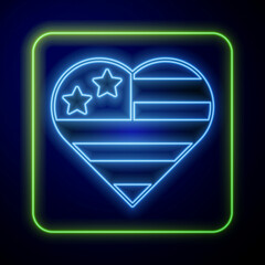 Sticker - Glowing neon USA Independence day icon isolated on blue background. 4th of July. United States of America country. Vector