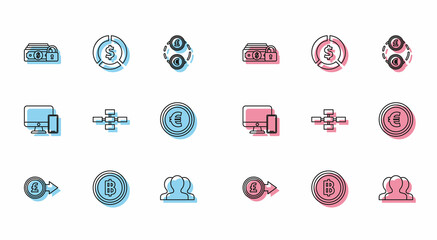 Set line Coin money with pound sterling symbol, Money lock, Users group, Business hierarchy organogram chart infographics, euro, Computer monitor and mobile phone and dollar icon. Vector