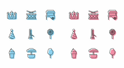 Canvas Print - Set line Ice cream in waffle cone, Attraction carousel, Castle, Cotton candy, High striker attraction with big hammer, Lollipop, Party hat and Drum drum sticks icon. Vector