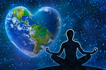 Wall Mural - yoga figure against universe background. earth in the shape of a heart, ecology and environment conc