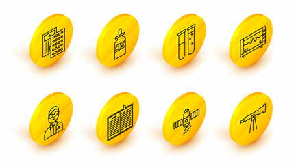 Poster - Set line Telescope, Satellite, Open science book, Scientist, Computer monitor with cardiogram, Test tube and flask chemical laboratory, Glass bottle pipette and Pills in blister pack icon. Vector