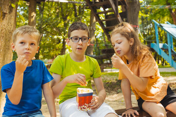 Wall Mural - The kids are eating popcorn together in the park