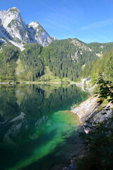  Reflections on the Vorderer Gosausee (lower lake), Salzkammergut, Styria, Austria, Europe