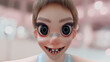 Girl missing teeth ugly smile close-up on face. Expression of the cartoon character. 3D Render