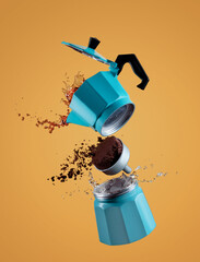 Parts of blue Italian retro coffee maker with coffee splashes isolated on orange background. Freeze Motion photo	