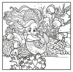 Poster - Cute little mermaid girl in coral tiara playing with her tail outlined for coloring page on seabed with corals and algae background