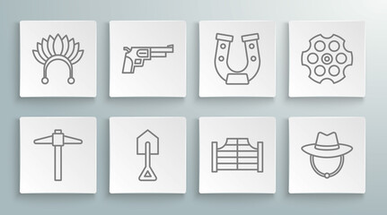 Poster - Set line Pickaxe, Revolver gun, Shovel, Saloon door, Western cowboy hat, Horseshoe, cylinder and Indian headdress with feathers icon. Vector