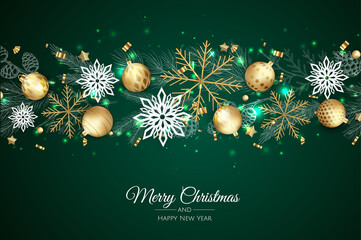 merry christmas and happy new year. xmas background with snowflakes and balls design.