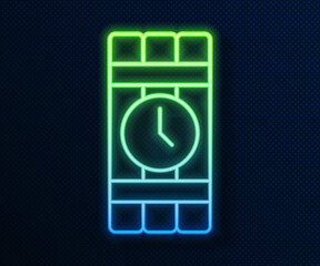 Poster - Glowing neon line Detonate dynamite bomb stick and timer clock icon isolated on blue background. Time bomb - explosion danger concept. Vector