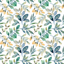 Yellow Green Leaves Watercolor Seamless Pattern