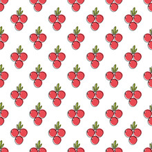 Seamless Vector Pattern For Printing And Design With Berries In A Palette Of White, Green And Red. Black Outline With Uneven Fills