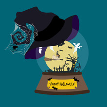 Halloween Illustration In Snowglobe With Witch Hat