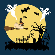 Halloween Illustration With Pug On Witch Broom In Snowglobe With Witch Hat