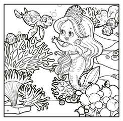 Poster - Cute little mermaid girl in coral tiara communicates with a small sea turtle outlined for coloring page on seabed with corals and algae background