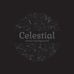 Wall Mural - Vector illustration of zodiac constellations in sphere with a copy space. Isolated pattern of star systems, arranged in a circle with place for text on a black background. Round astronomical element