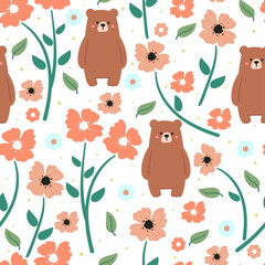  Seamless pattern with cute cartoon bear and flowers for fabric print, textile, gift wrapping paper. colorful vector for textile, flat style