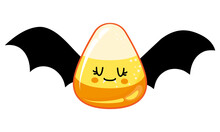 Happy Halloween - Funny Candy Corn Illustration With Bat Wings. Handmade Sticker Print. Illustration With Cute Sugar. Good For Prints On T-shirt And Bag, Poster, Card. Trick Or Treat.
