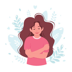 Love yourself concept. Woman hugging herself, self love, body positive. Vector illustration	