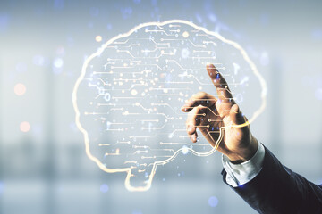 Wall Mural - double exposure of man hand working with creative human brain microcircuit hologram on blurred offic