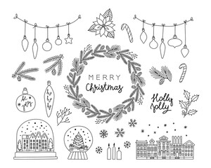 Vector illustration Christmas set with line cliparts and lettering. Hand drawn boubles, branches, glass balls, houses, flower and wreath isolated on white background. Merry Christmas. Holly Jolly.